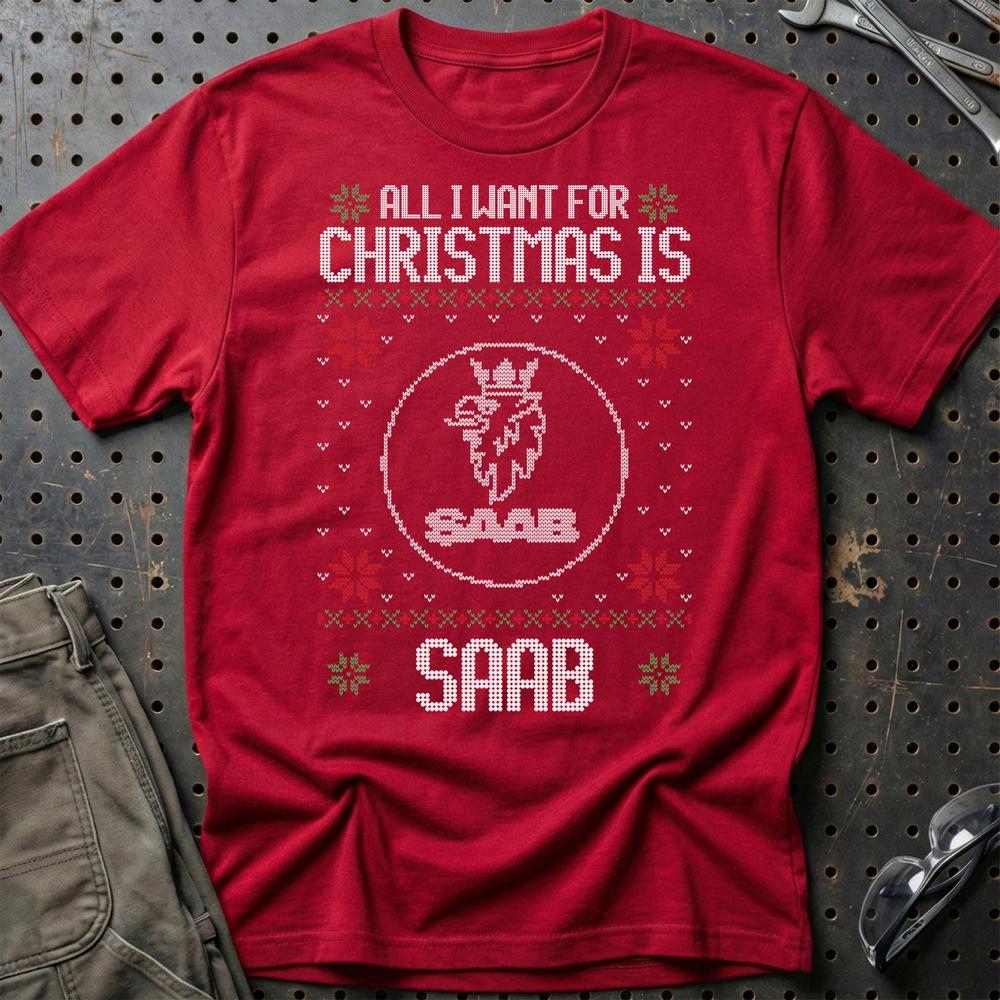 Saab - All I Want For Christmas - Unisex T-Shirt , Bomuld-Beklædning-Saab-Rød-S-Garage Culture Shop- garage - man cave - merchandise