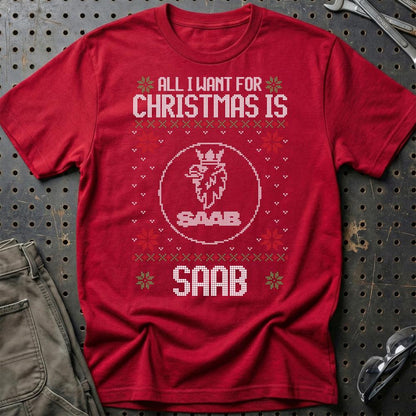 Saab - All I Want For Christmas - Unisex T-Shirt , Bomuld-Beklædning-Saab-Rød-S-Garage Culture Shop- garage - man cave - merchandise