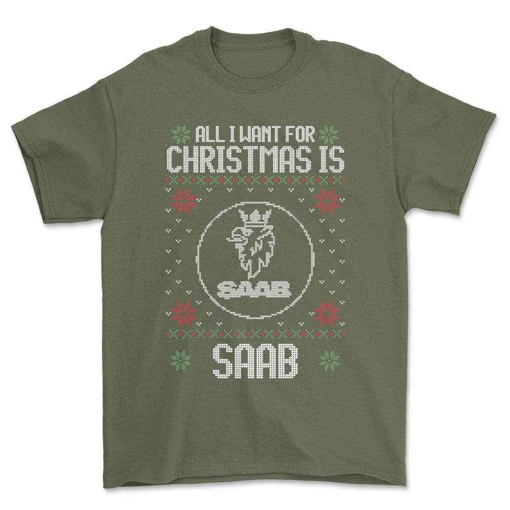 Saab - All I Want For Christmas - Unisex T-Shirt , Bomuld-Beklædning-Saab-Grøn Militær-S-Forside-Garage Culture Shop- garage - man cave - merchandise