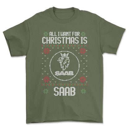 Saab - All I Want For Christmas - Unisex T-Shirt , Bomuld-Beklædning-Saab-Grøn Militær-S-Forside-Garage Culture Shop- garage - man cave - merchandise