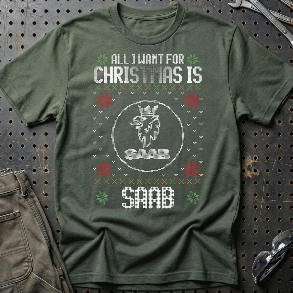 Saab - All I Want For Christmas - Unisex T-Shirt , Bomuld-Beklædning-Saab-Grøn Militær-S-Garage Culture Shop- garage - man cave - merchandise