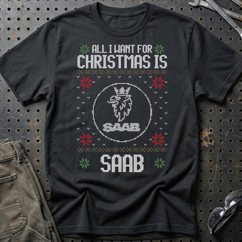 Saab - All I Want For Christmas - Unisex T-Shirt , Bomuld-Beklædning-Saab-Sort-S-Garage Culture Shop- garage - man cave - merchandise