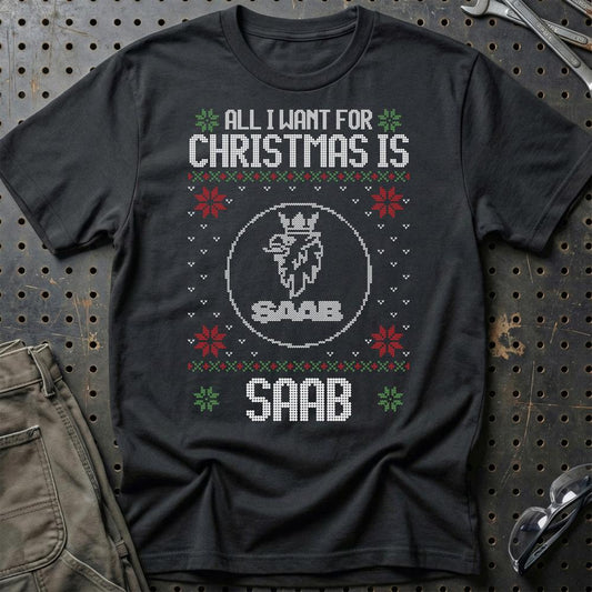 Saab - All I Want For Christmas - Unisex T-Shirt , Bomuld-Beklædning-Saab-Sort-S-Garage Culture Shop- garage - man cave - merchandise