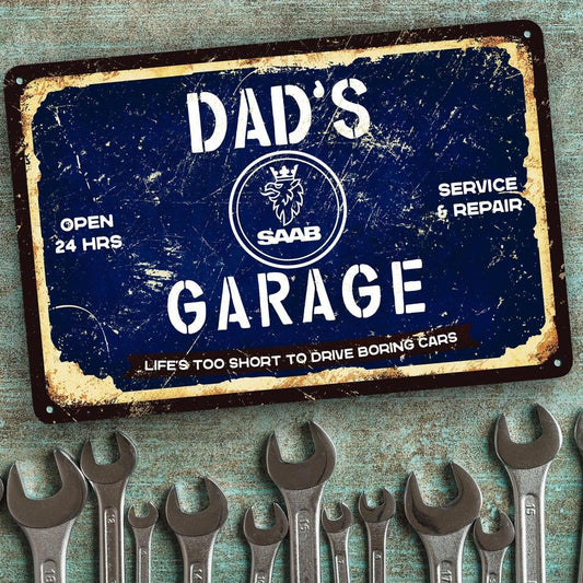 Saab Dads Garage Skilte, Musemåtte, Dørmåtte , Plakat-Skilte-Saab-Garage Culture Shop- garage - man cave - merchandise