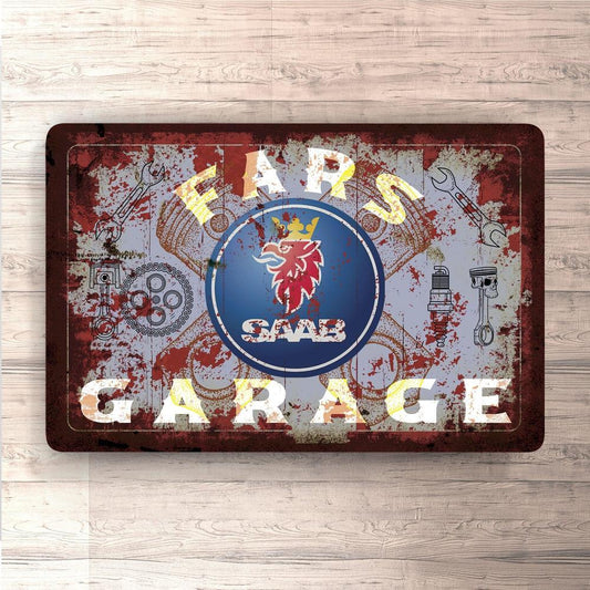 Saab Fars Garage Vintage Skilte, Musemåtte, Dørmåtte , Plakat-Skilte-Saab-Garage Culture Shop- garage - man cave - merchandise