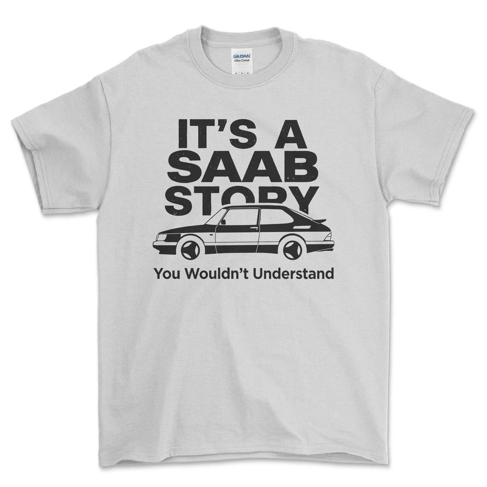 Saab Its Saab Story T-Shirt-Beklædning-SAAB-Hvid-S-Garage Culture Shop- garage - man cave - merchandise