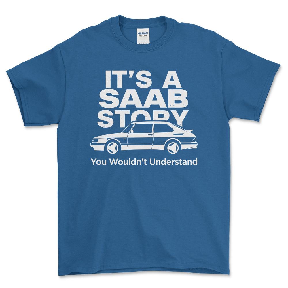 Saab Its Saab Story T-Shirt-Beklædning-SAAB-Blå Royal-S-Garage Culture Shop- garage - man cave - merchandise