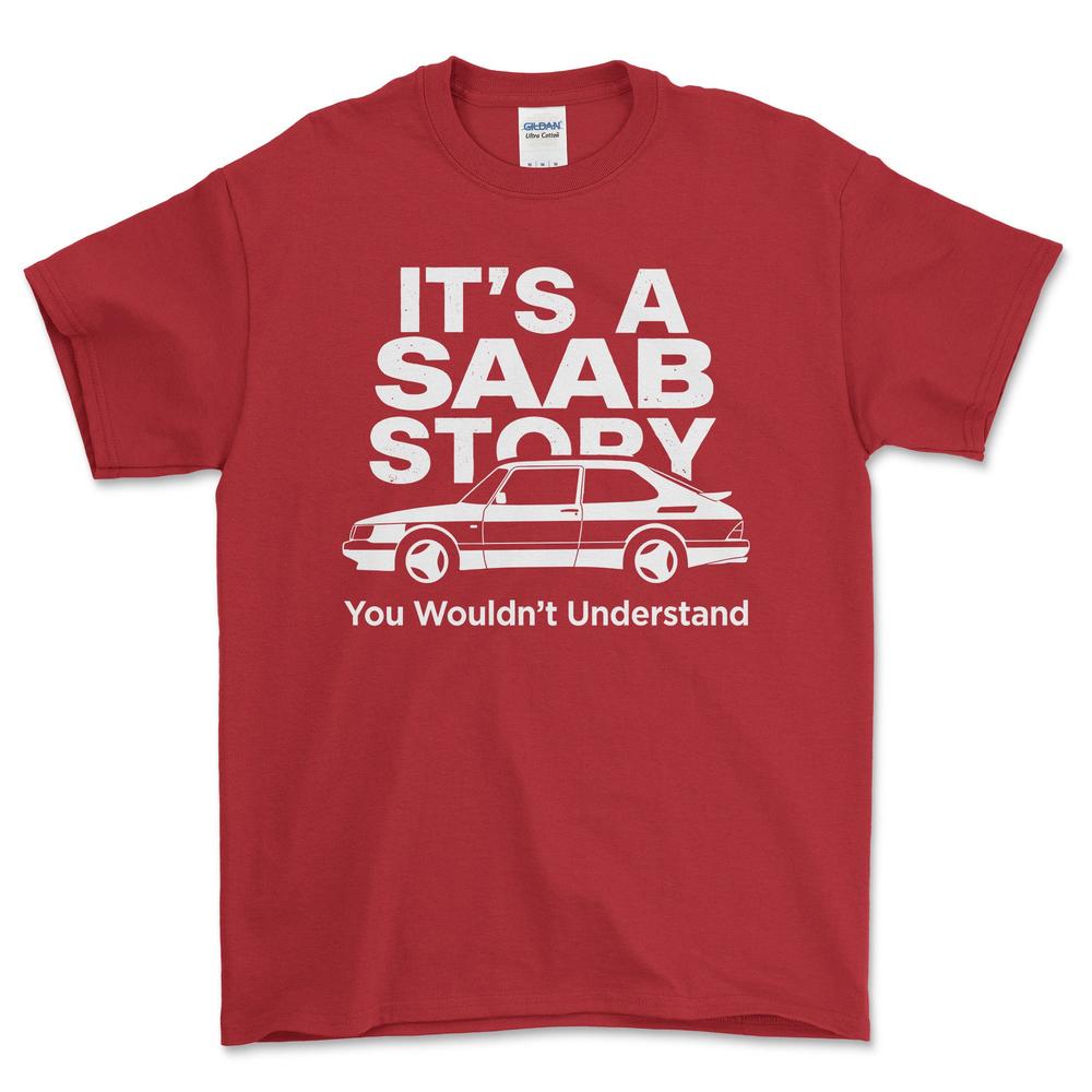 Saab Its Saab Story T-Shirt-Beklædning-SAAB-Rød-S-Garage Culture Shop- garage - man cave - merchandise