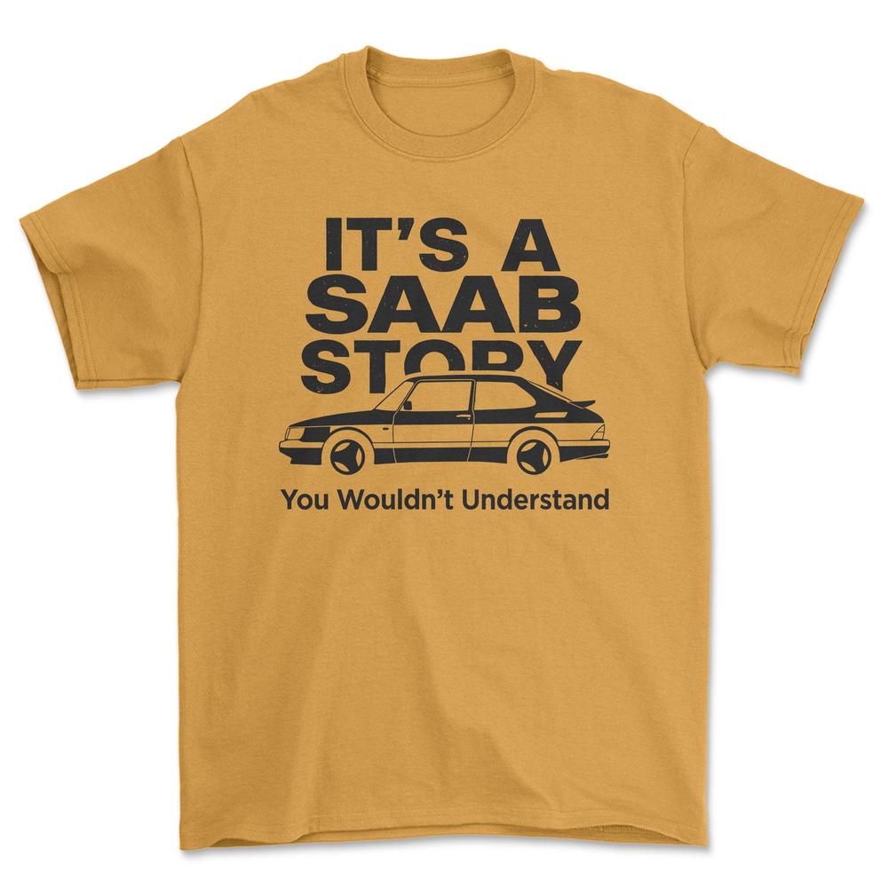 Saab Its Saab Story T-Shirt-Beklædning-SAAB-Guld-S-Garage Culture Shop- garage - man cave - merchandise