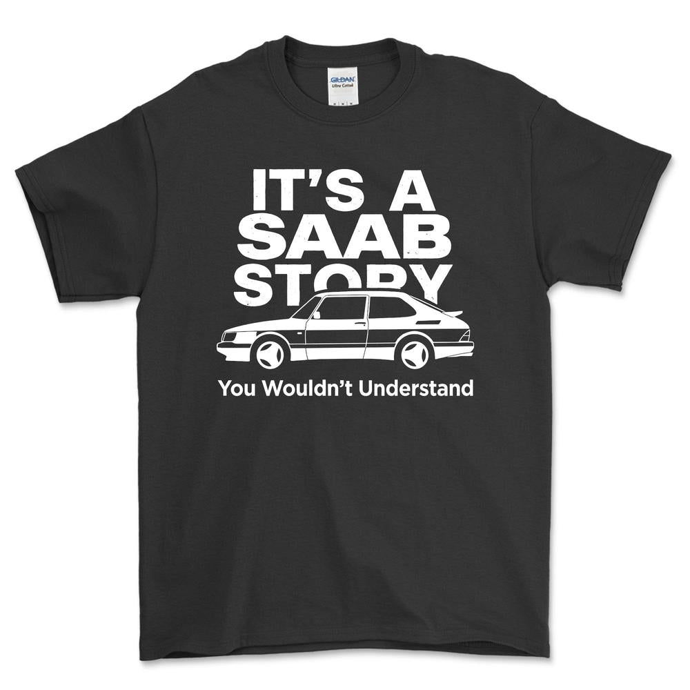 Saab Its Saab Story T-Shirt-Beklædning-SAAB-Sort-S-Garage Culture Shop- garage - man cave - merchandise