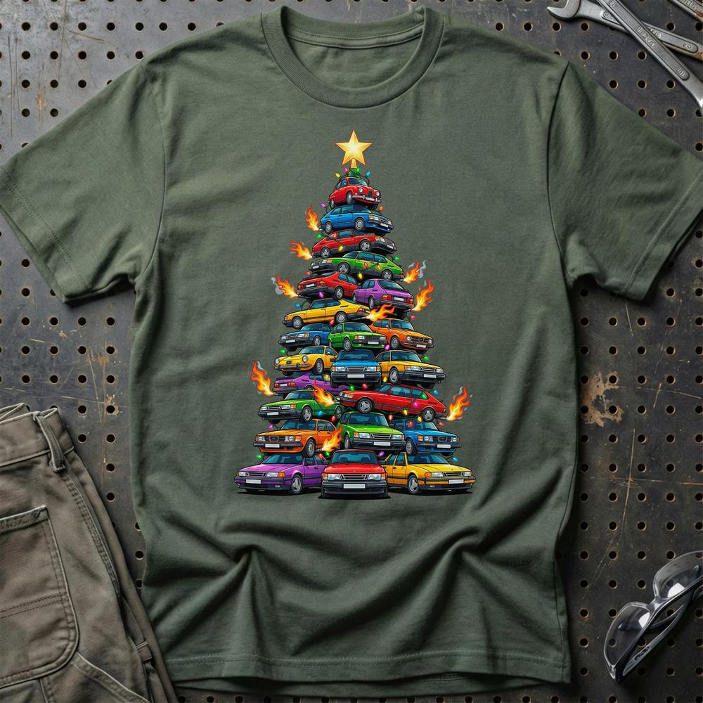 Saab Juletræ Christmas Tree T-Shirt-Beklædning-Saab-Grøn Militær-S-Garage Culture Shop- garage - man cave - merchandise