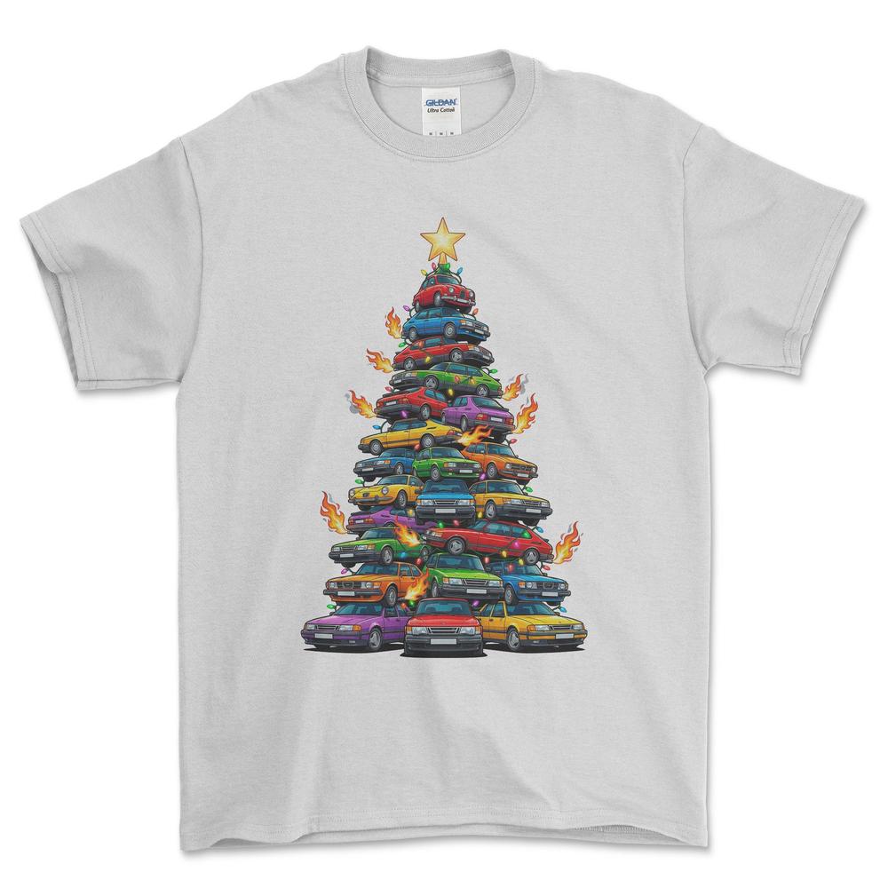 Saab Juletræ Christmas Tree - Unisex T-Shirt-Beklædning-Saab-Hvid-S-Forside-Garage Culture Shop- garage - man cave - merchandise