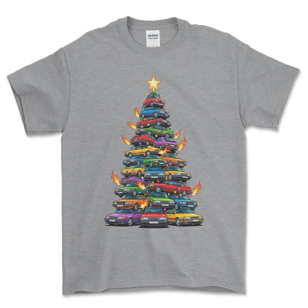 Saab Juletræ Christmas Tree - Unisex T-Shirt-Beklædning-Saab-Grå Sport-S-Forside-Garage Culture Shop- garage - man cave - merchandise