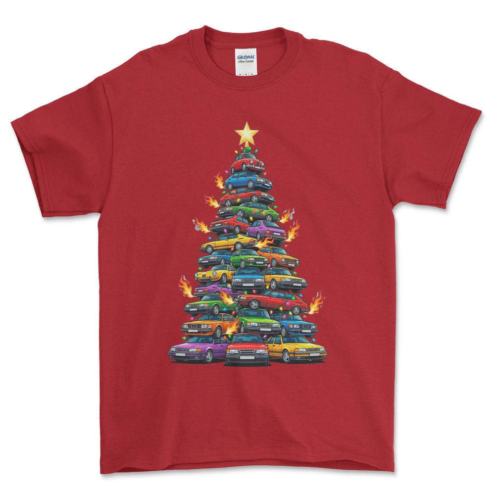 Saab Juletræ Christmas Tree - Unisex T-Shirt-Beklædning-Saab-Rød-S-Forside-Garage Culture Shop- garage - man cave - merchandise