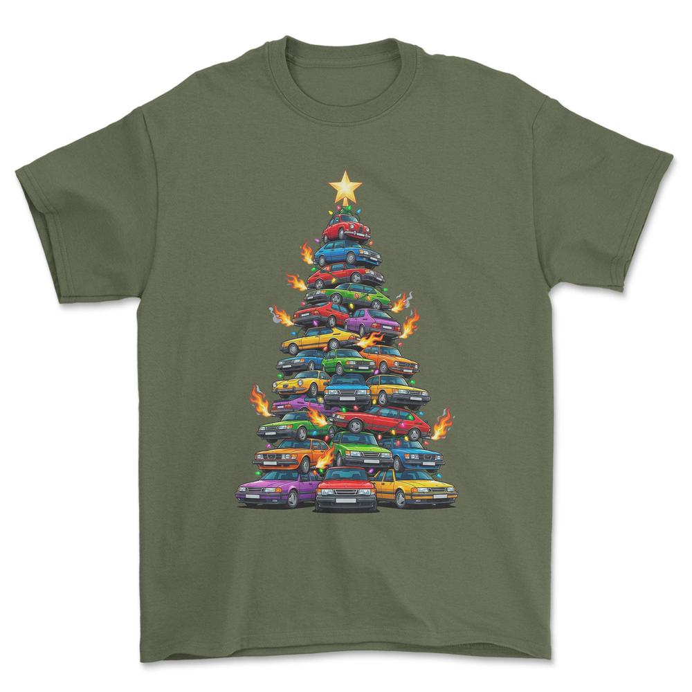 Saab Juletræ Christmas Tree - Unisex T-Shirt-Beklædning-Saab-Grøn Militær-S-Forside-Garage Culture Shop- garage - man cave - merchandise