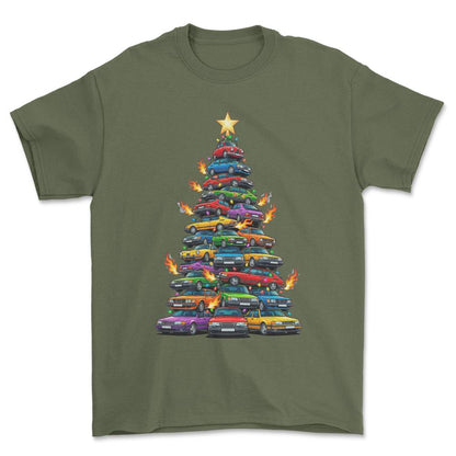 Saab Juletræ Christmas Tree - Unisex T-Shirt-Beklædning-Saab-Grøn Militær-S-Forside-Garage Culture Shop- garage - man cave - merchandise