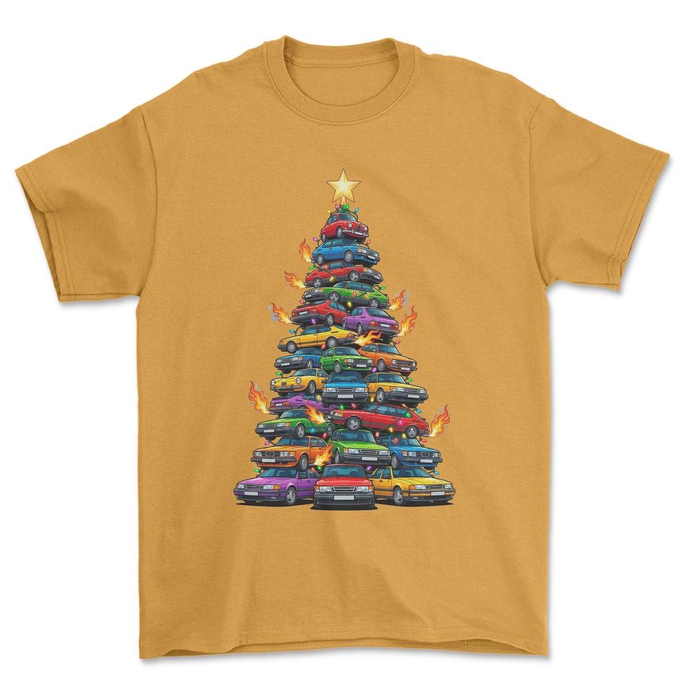 Saab Juletræ Christmas Tree - Unisex T-Shirt-Beklædning-Saab-Guld-S-Forside-Garage Culture Shop- garage - man cave - merchandise