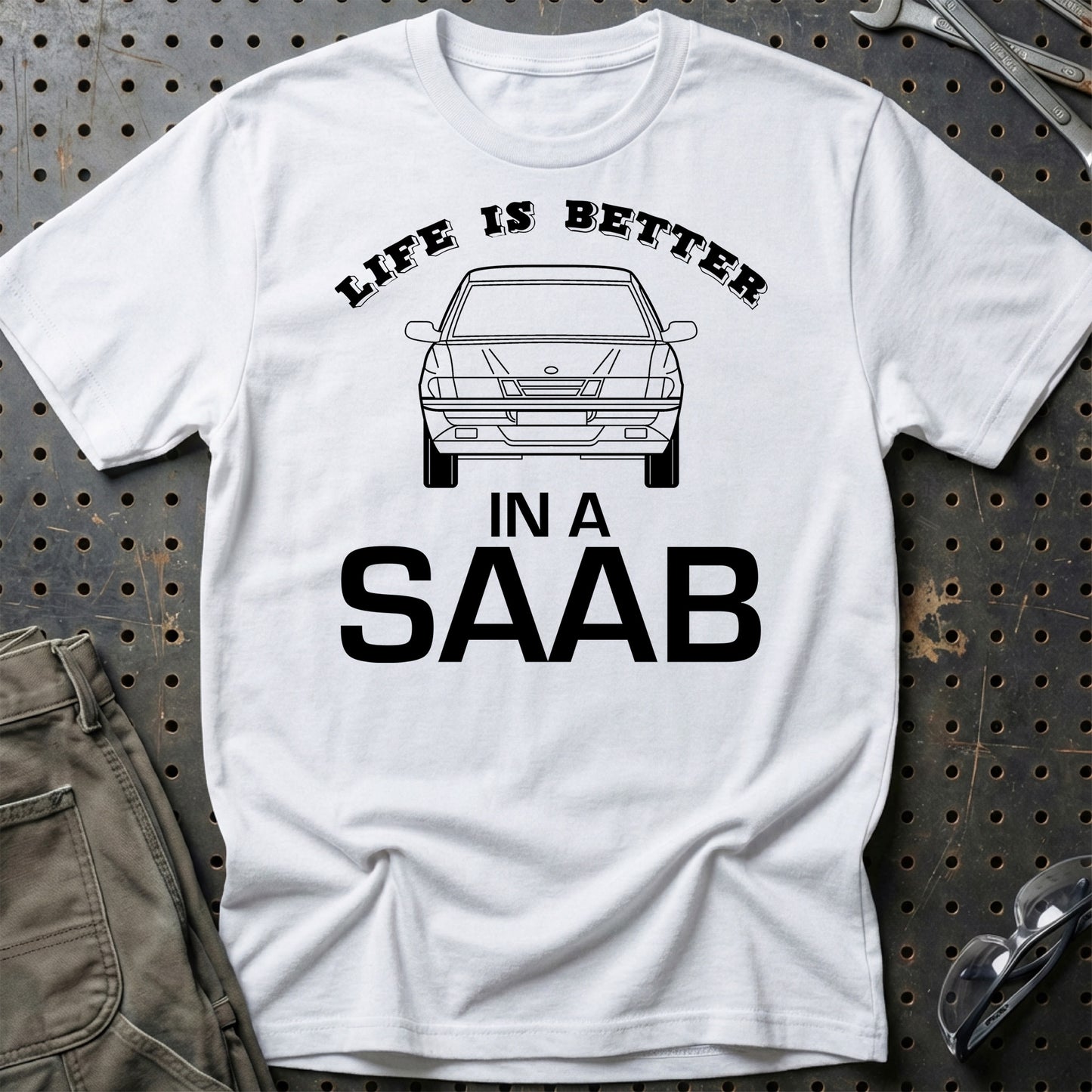 Saab Life Is Better In A Saab Unisex T-Shirt , Bomuld-Beklædning-Saab-Hvid-S-Garage Culture Shop- garage - man cave - merchandise