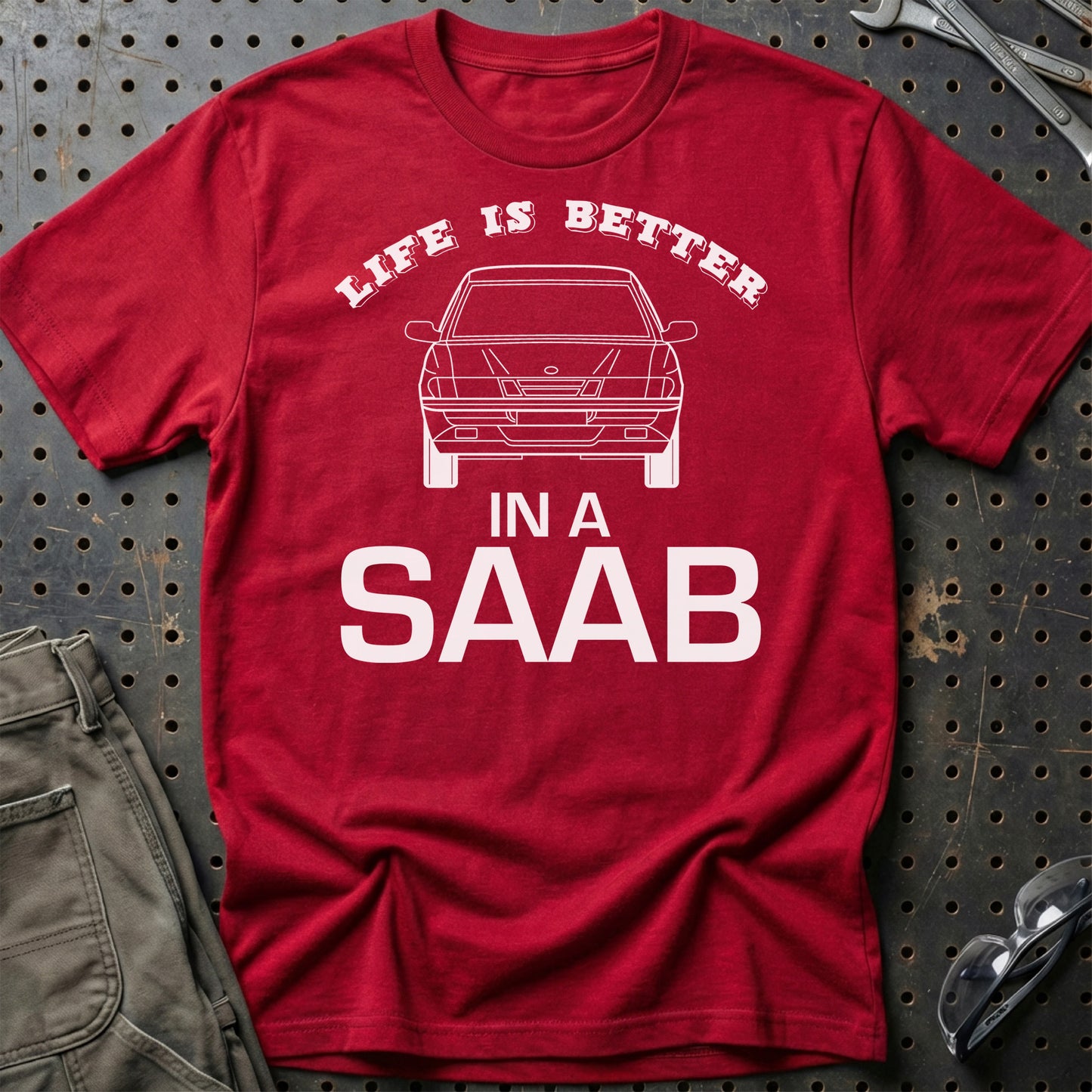 Saab Life Is Better In A Saab Unisex T-Shirt , Bomuld-Beklædning-Saab-Rød-S-Garage Culture Shop- garage - man cave - merchandise