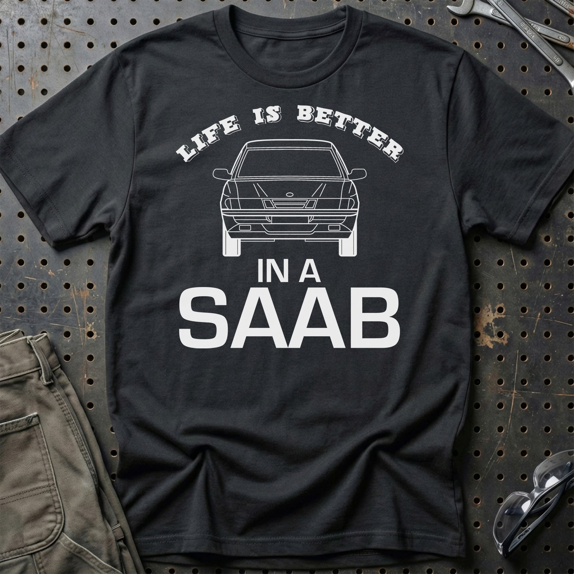 Saab Life Is Better In A Saab Unisex T-Shirt , Bomuld-Beklædning-Saab-Sort-S-Garage Culture Shop- garage - man cave - merchandise