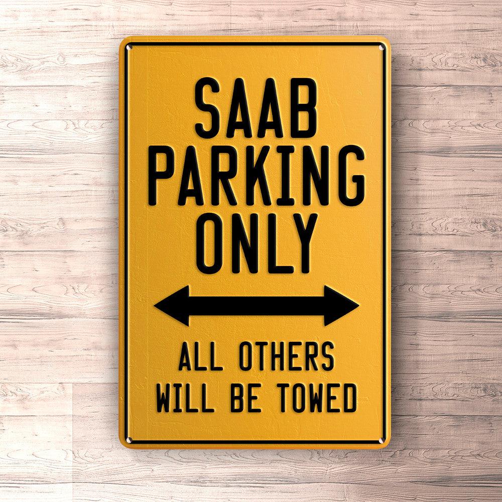 Saab Parking Only Skilte, Musemåtte, Dørmåtte-Parking skilte-Saab-Garage Culture Shop- garage - man cave - merchandise