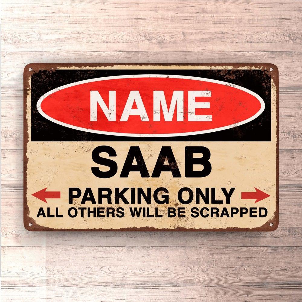 Saab - Parking Only - Skilte, Musemåtte, Dørmåtte-Skilte-Saab-Garage Culture Shop- garage - man cave - merchandise
