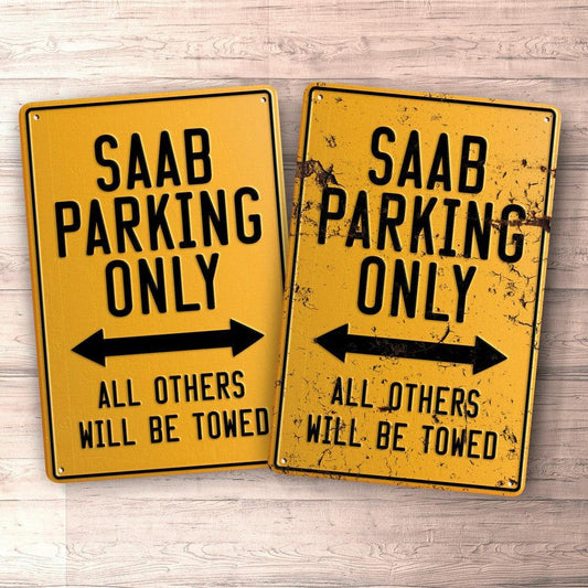 Saab Parking Only Skilte, Musemåtte, Dørmåtte-Parking skilte-Saab-Garage Culture Shop- garage - man cave - merchandise