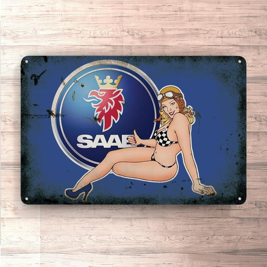 Saab Pin-Up Vintage Skilte, Musemåtte, Dørmåtte-Skilte-Saab-Garage Culture Shop- garage - man cave - merchandise