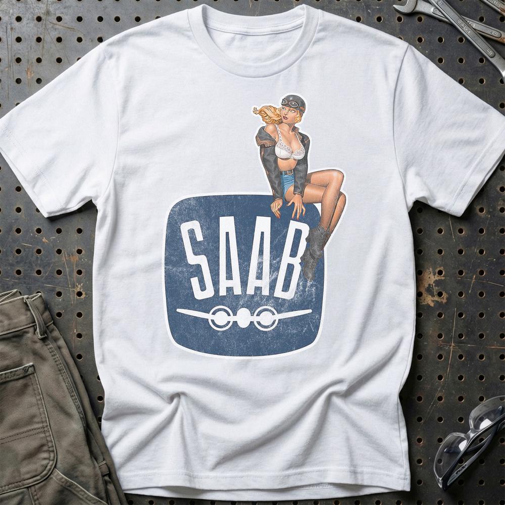 Saab Pinup T-Shirt-Beklædning-Saab-Hvid-S-Garage Culture Shop- garage - man cave - merchandise