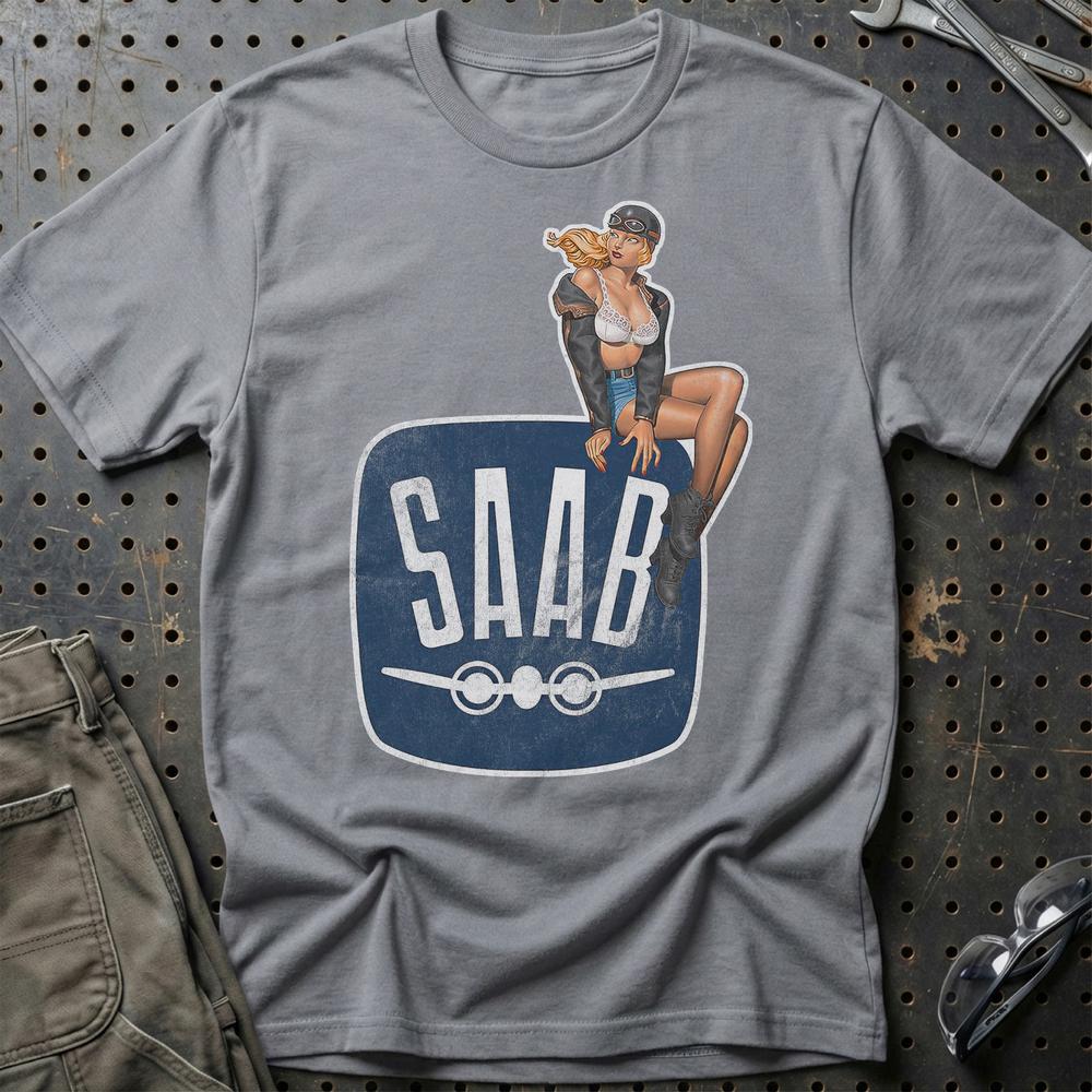 Saab Pinup T-Shirt-Beklædning-Saab-Grå Sport-S-Garage Culture Shop- garage - man cave - merchandise