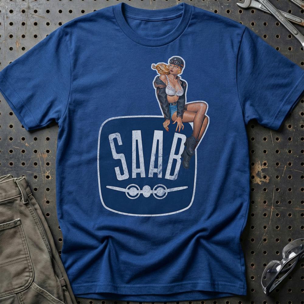 Saab Pinup T-Shirt-Beklædning-Saab-Blå Royal-S-Garage Culture Shop- garage - man cave - merchandise