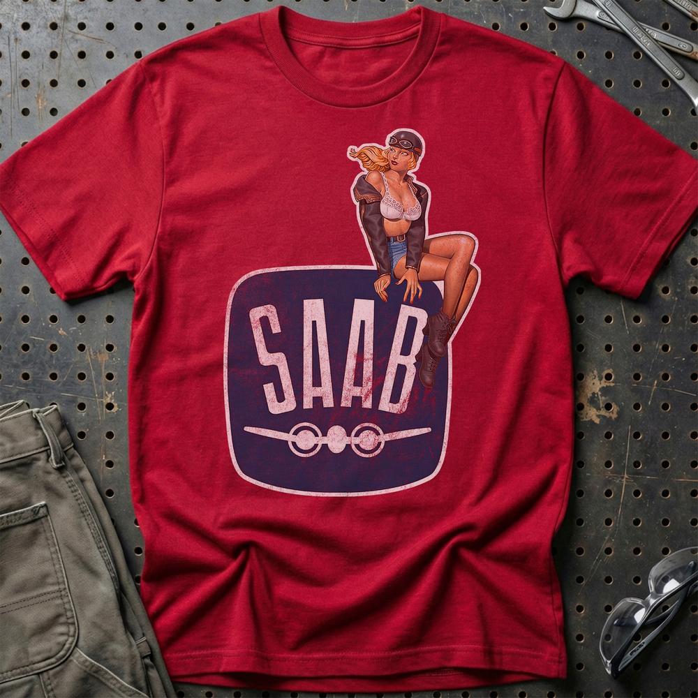 Saab Pinup T-Shirt-Beklædning-Saab-Rød-S-Garage Culture Shop- garage - man cave - merchandise