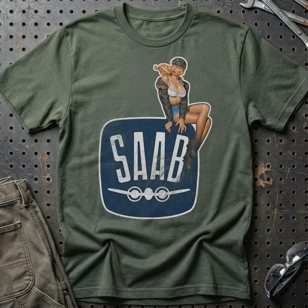 Saab Pinup T-Shirt-Beklædning-Saab-Grøn Militær-S-Garage Culture Shop- garage - man cave - merchandise