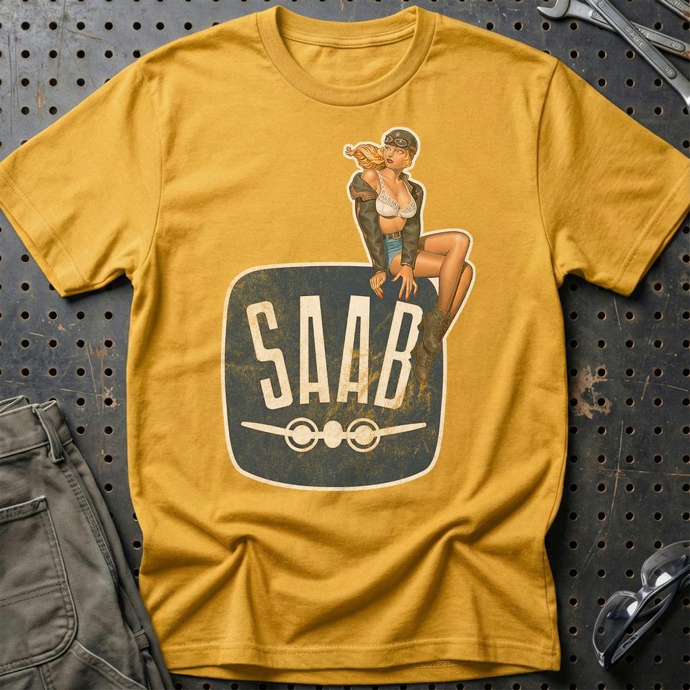 Saab Pinup T-Shirt-Beklædning-Saab-Guld-S-Garage Culture Shop- garage - man cave - merchandise