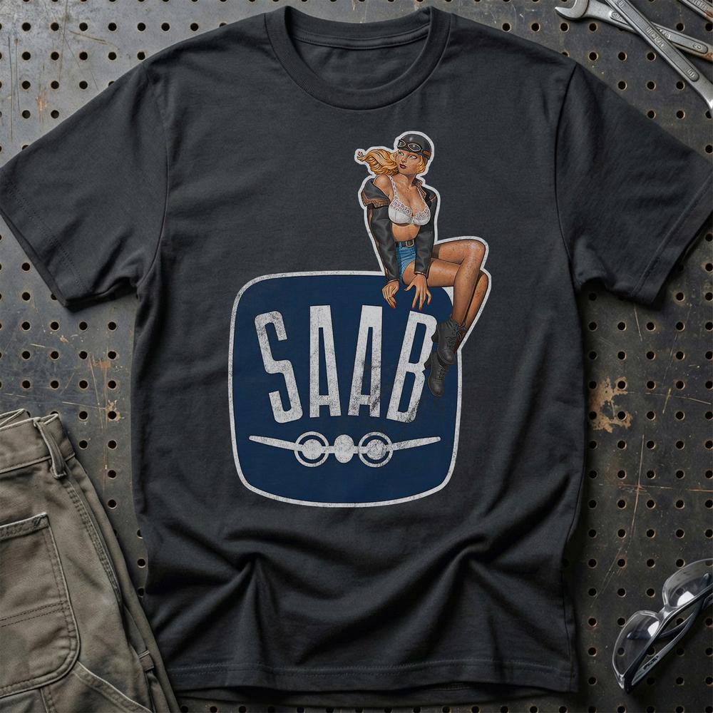 Saab Pinup T-Shirt-Beklædning-Saab-Sort-S-Garage Culture Shop- garage - man cave - merchandise