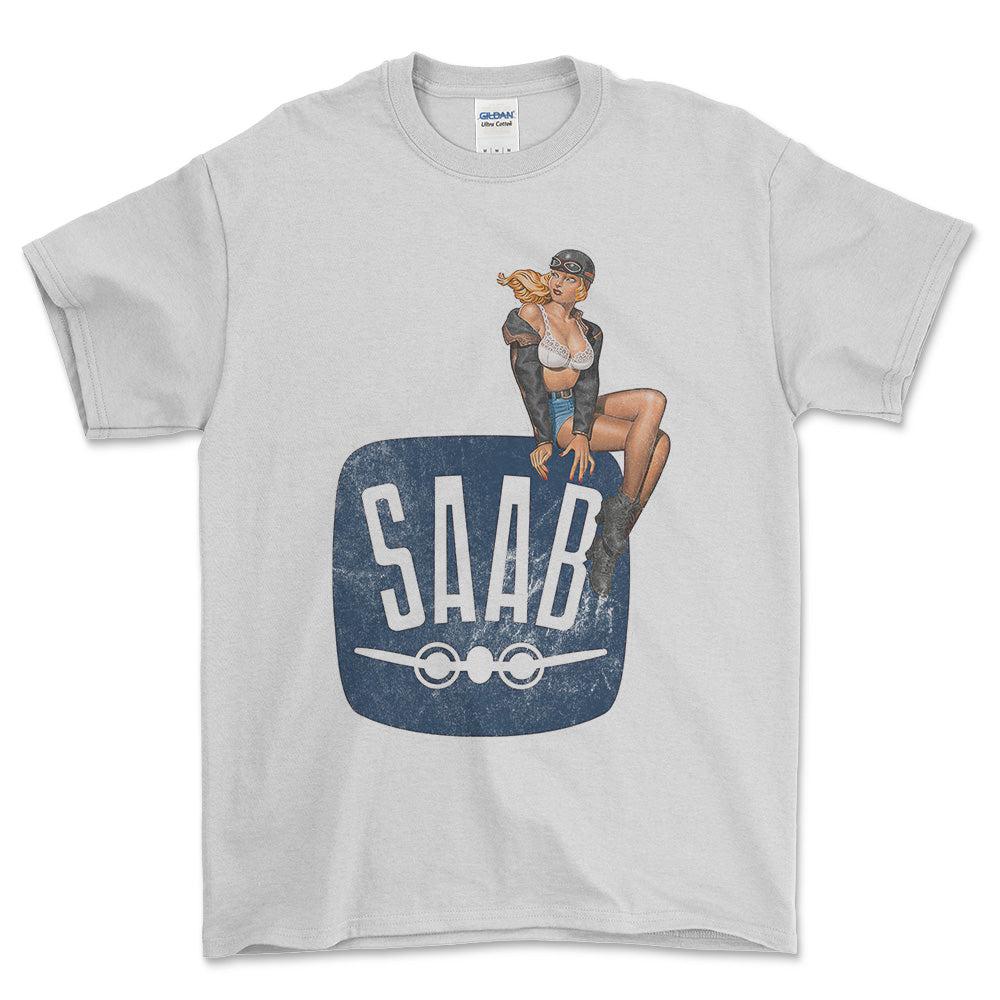 Saab Pinup - Unisex T-Shirt , Bomuld-Beklædning-Saab-Hvid-S-Forside-Garage Culture Shop- garage - man cave - merchandise