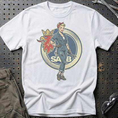 Saab Pinup - Unisex T-Shirt , Bomuld-Beklædning-Saab-Hvid-S-Garage Culture Shop- garage - man cave - merchandise
