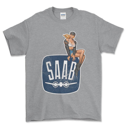 Saab Pinup - Unisex T-Shirt , Bomuld-Beklædning-Saab-Grå Sport-S-Forside-Garage Culture Shop- garage - man cave - merchandise
