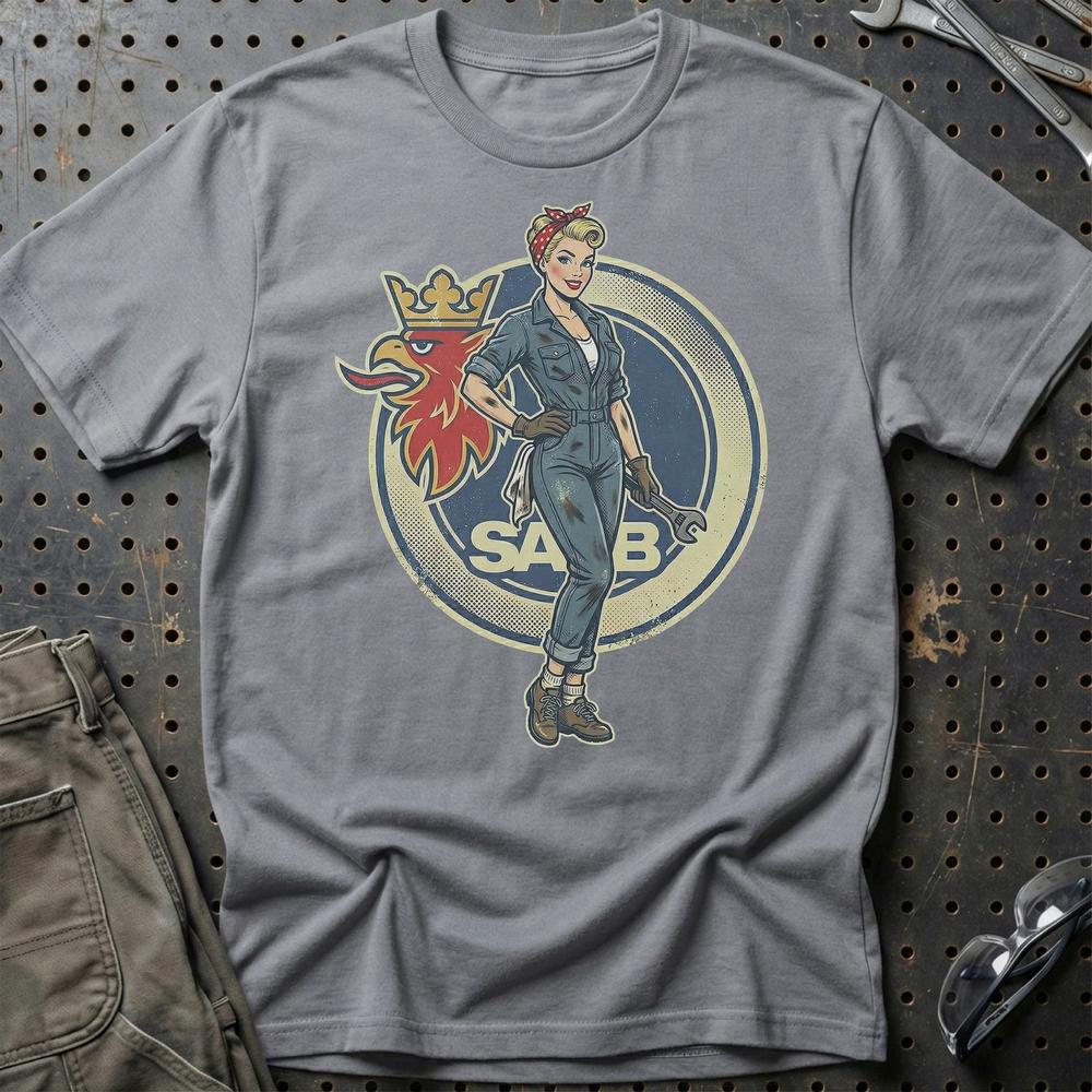 Saab Pinup - Unisex T-Shirt , Bomuld-Beklædning-Saab-Grå Sport-S-Garage Culture Shop- garage - man cave - merchandise