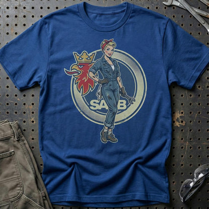 Saab Pinup - Unisex T-Shirt , Bomuld-Beklædning-Saab-Blå Royal-S-Garage Culture Shop- garage - man cave - merchandise
