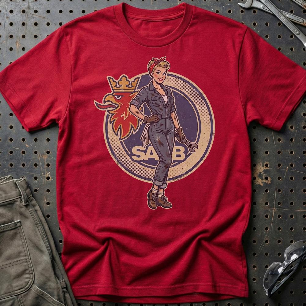 Saab Pinup - Unisex T-Shirt , Bomuld-Beklædning-Saab-Rød-S-Garage Culture Shop- garage - man cave - merchandise