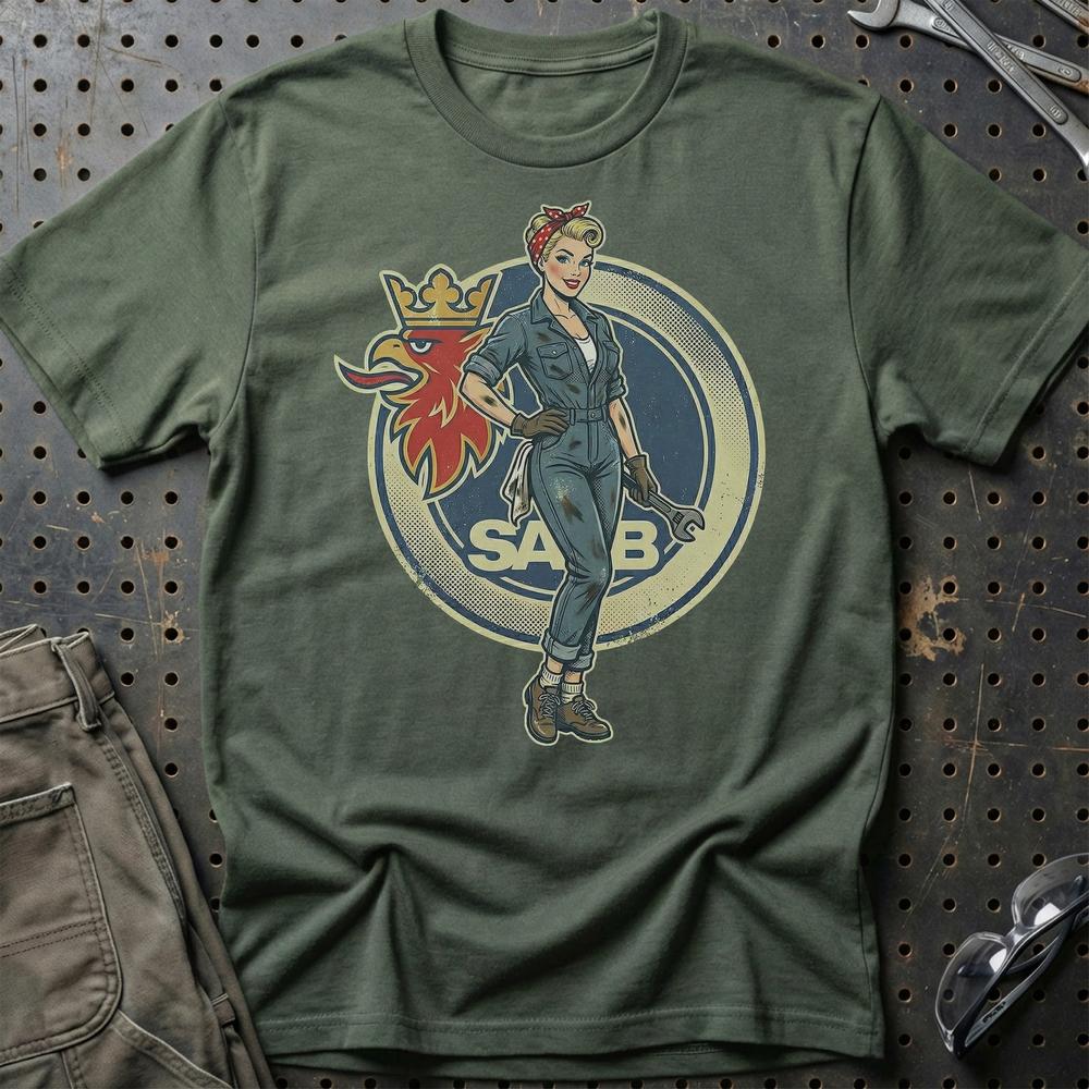 Saab Pinup - Unisex T-Shirt , Bomuld-Beklædning-Saab-Grøn Militær-S-Garage Culture Shop- garage - man cave - merchandise