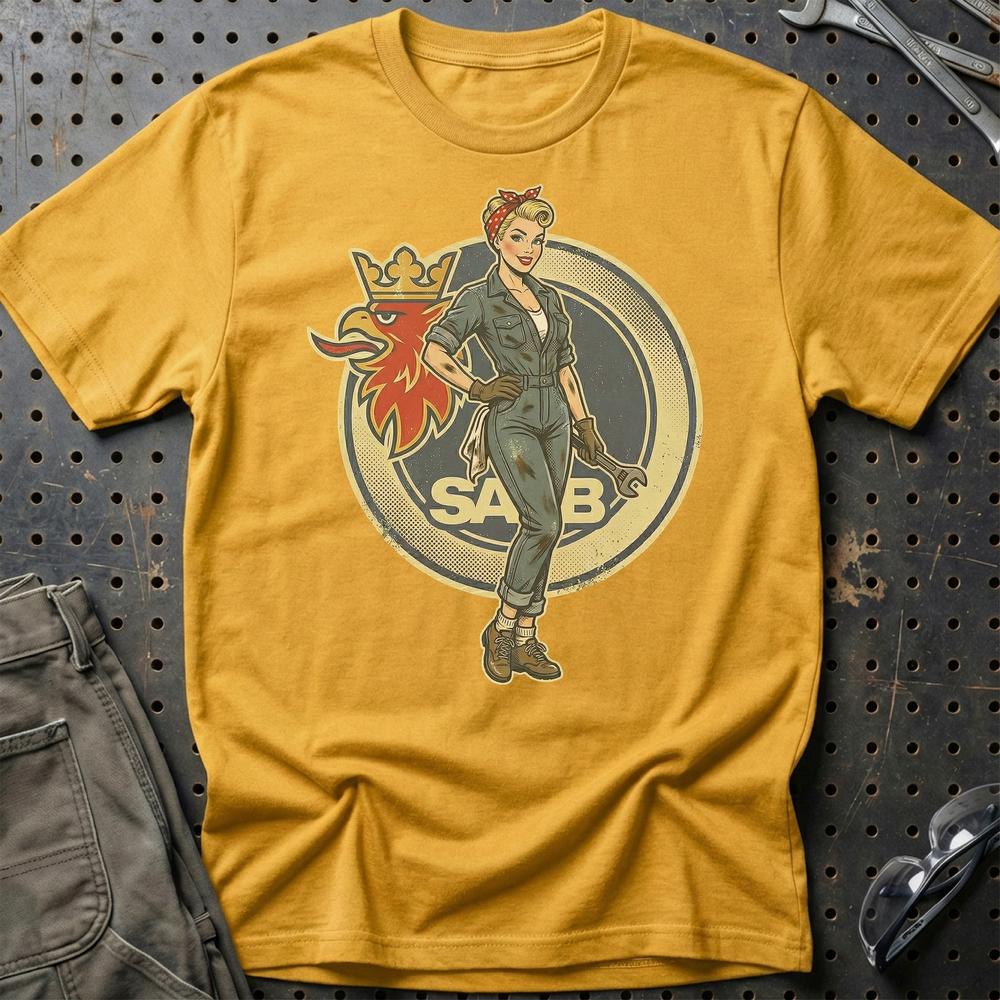 Saab Pinup - Unisex T-Shirt , Bomuld-Beklædning-Saab-Guld-S-Garage Culture Shop- garage - man cave - merchandise