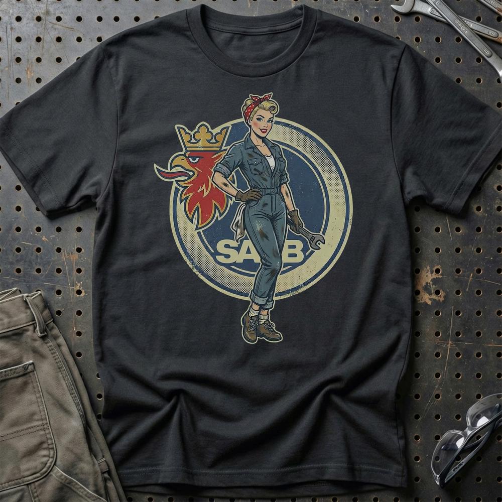 Saab Pinup - Unisex T-Shirt , Bomuld-Beklædning-Saab-Sort-S-Garage Culture Shop- garage - man cave - merchandise