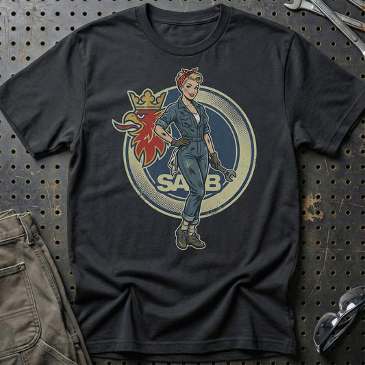 Saab Pinup - Unisex T-Shirt , Bomuld-Beklædning-Saab-Sort-S-Garage Culture Shop- garage - man cave - merchandise