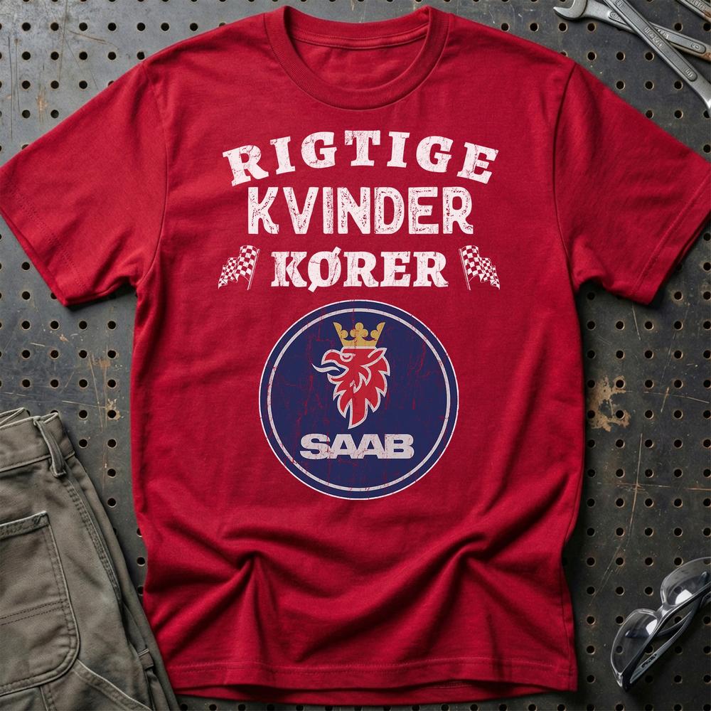 Saab Rigtige Kvinder Kører - Unisex T-Shirt , Bomuld-Beklædning-Saab-Rød-S-Garage Culture Shop- garage - man cave - merchandise