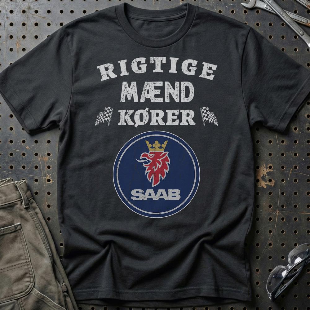 Saab Rigtige Mænd Kører T-Shirt-Beklædning-Saab-Sort-S-Garage Culture Shop- garage - man cave - merchandise