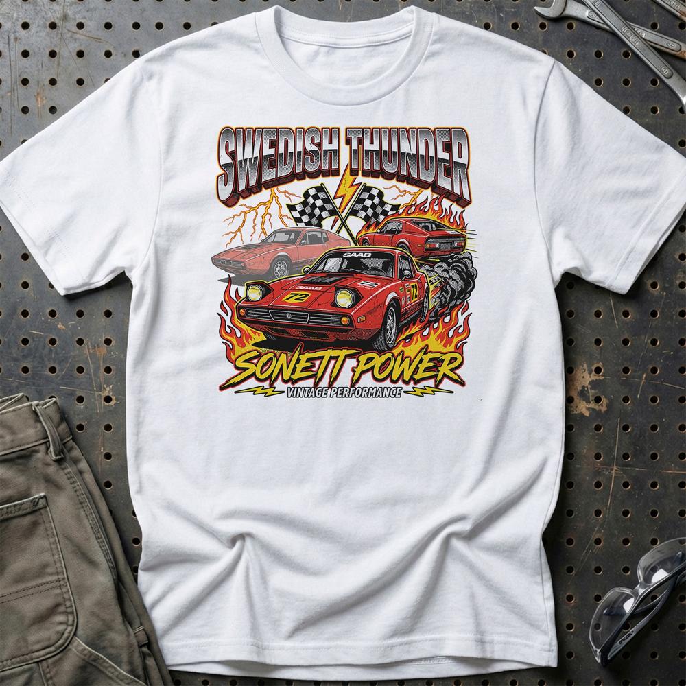 Saab Sonett Swedish Thunder Vintage Performance - Unisex T-Shirt-Beklædning-SAAB-Hvid-S-Garage Culture Shop- garage - man cave - merchandise