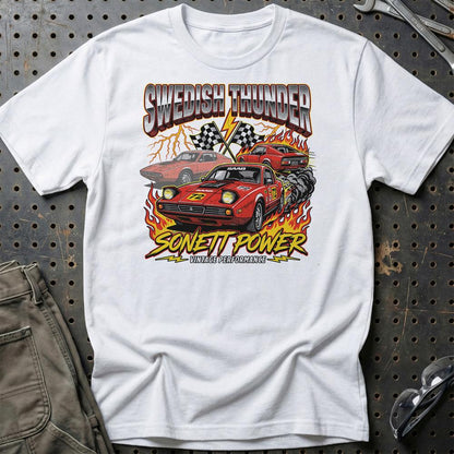 Saab Sonett Swedish Thunder Vintage Performance - Unisex T-Shirt-Beklædning-SAAB-Hvid-S-Garage Culture Shop- garage - man cave - merchandise