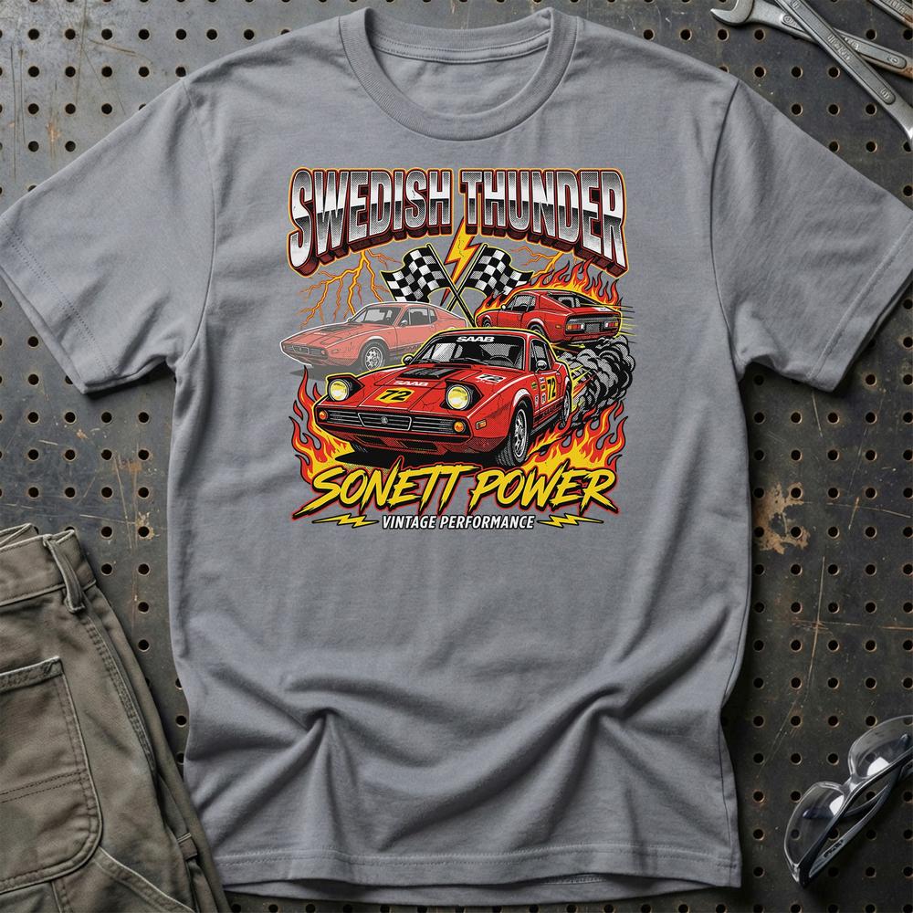 Saab Sonett Swedish Thunder Vintage Performance - Unisex T-Shirt-Beklædning-SAAB-Grå Sport-S-Garage Culture Shop- garage - man cave - merchandise